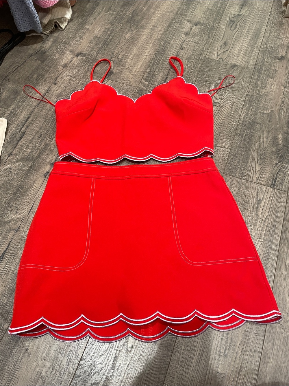 TCEC Red Scalloped Trim Crop Top & Skirt Set